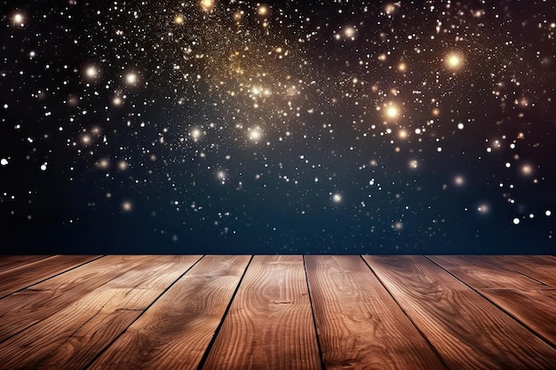 Uma mesa de madeira com um céu estrelado ao fundo