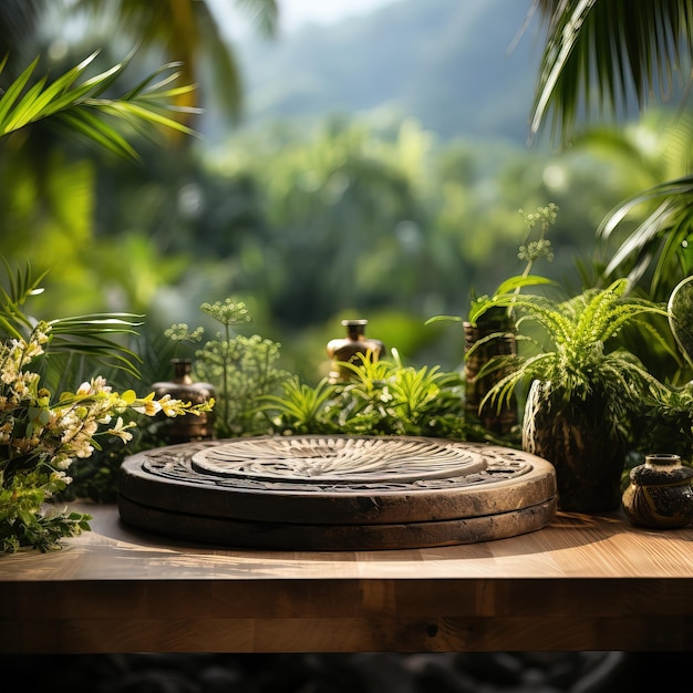 uma mesa de madeira com um círculo que diz “jardim”