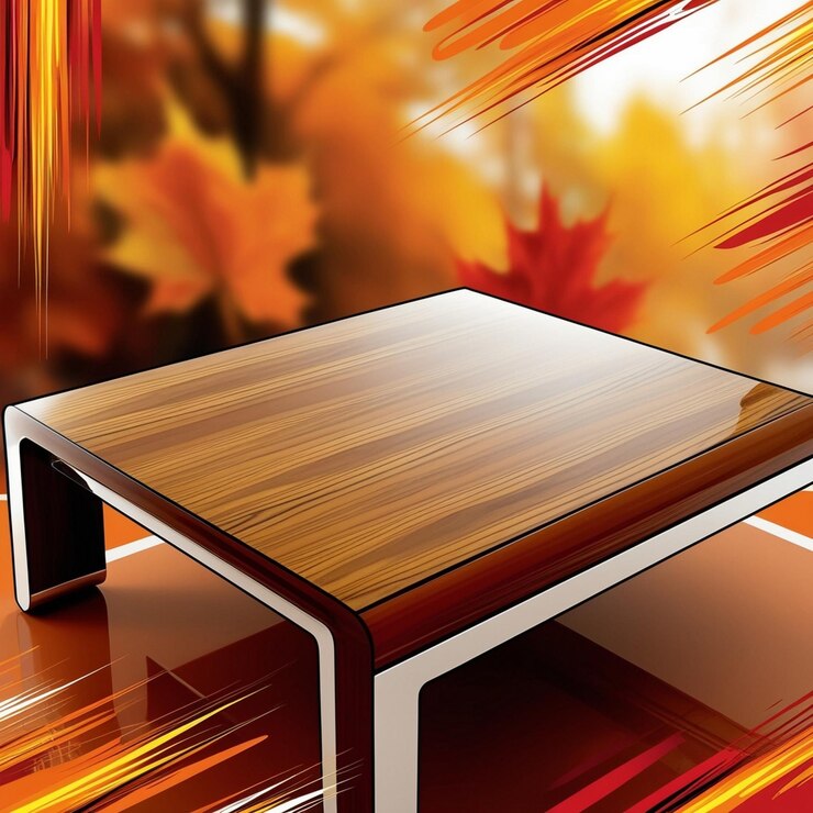 Foto uma mesa de madeira com um desenho vermelho e laranja no topo