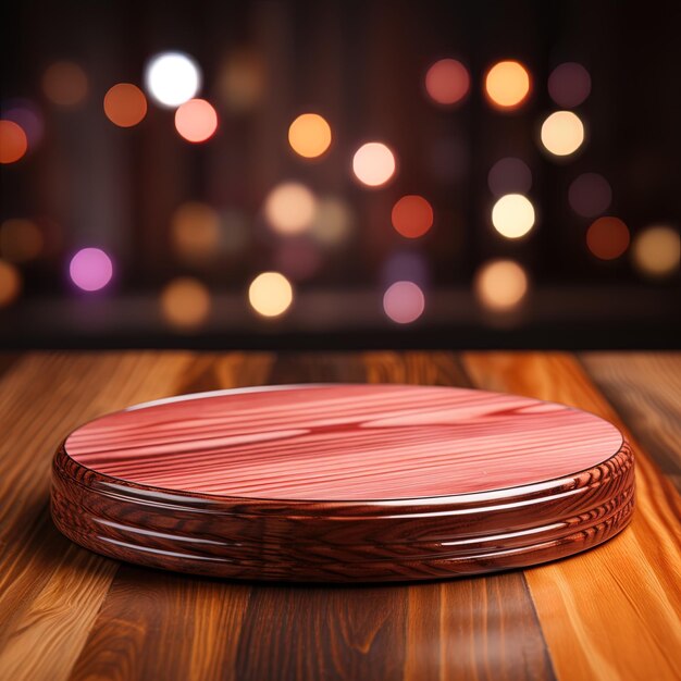 uma mesa de madeira com um item vermelho nela