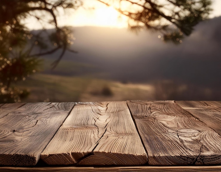 Foto uma mesa de madeira com um pôr-do-sol no fundo