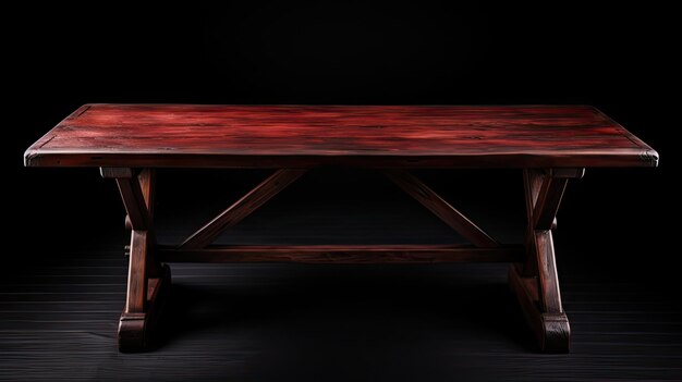 uma mesa de madeira com um topo vermelho senta-se sobre um fundo preto.