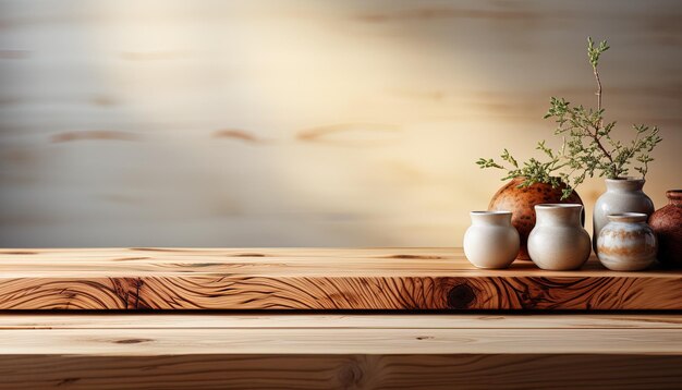uma mesa de madeira com um vaso e uma planta nele