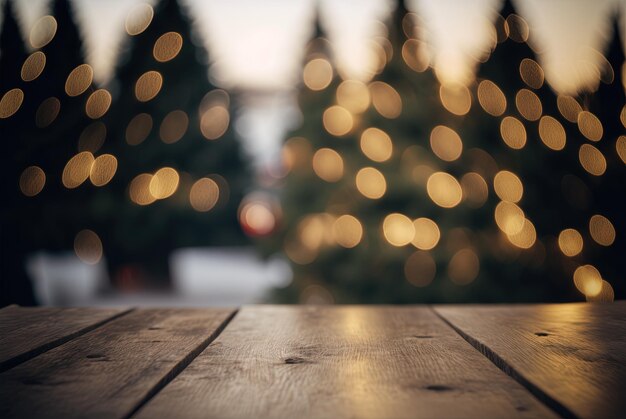 Uma mesa de madeira com uma árvore de natal embaçada na IA generativa de fundo