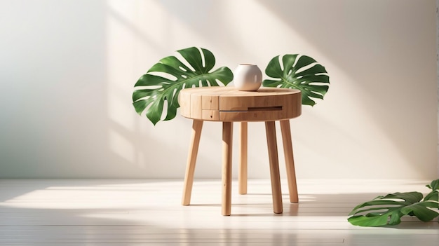 uma mesa de madeira com uma folha de palmeira e um globo branco do lado