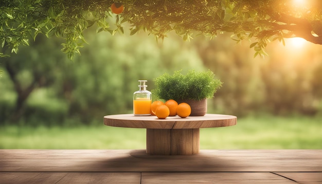 uma mesa de madeira com uma garrafa de suco de laranja e uma garrafa