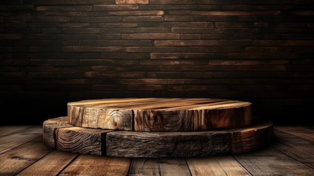 Uma mesa de madeira com uma mesa de madeira no meio e uma mesa de madeira com fundo escuro