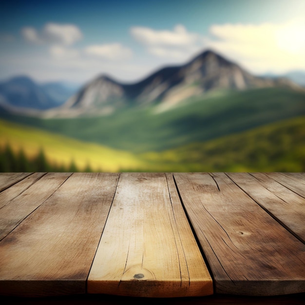 Uma mesa de madeira com uma montanha ao fundo