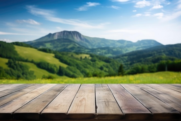 Uma mesa de madeira com uma paisagem ao fundo