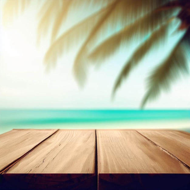 Uma mesa de madeira com uma palmeira à esquerda e uma praia ao fundo.