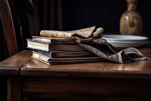 Uma mesa de madeira com uma pilha de livros e um lindo guardanapo no meio
