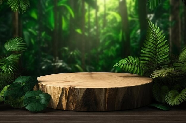 Uma mesa de madeira com uma placa redonda de madeira e folhas sobre ela.