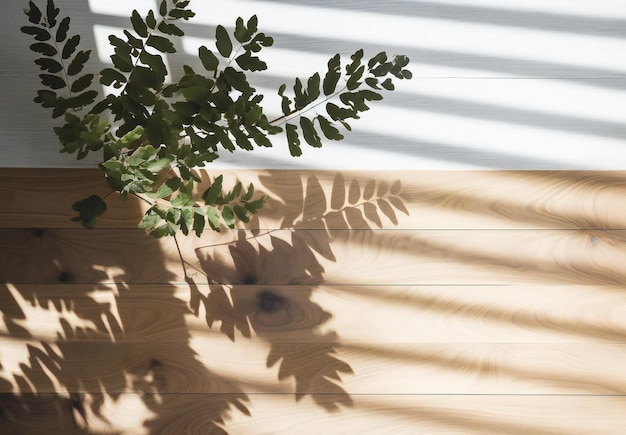 Uma mesa de madeira com uma planta e uma persiana.