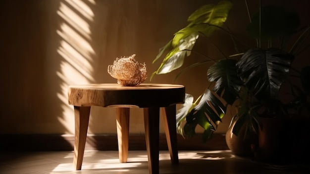 Uma mesa de madeira com uma planta sobre ela e um pássaro sobre ela.