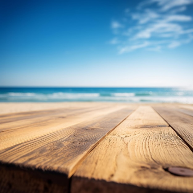 Uma mesa de madeira com uma praia ao fundo