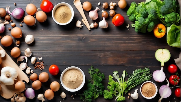 Uma mesa de madeira com uma variedade de vegetais, especiarias e nozes dispostas sobre ela