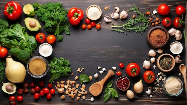 Uma mesa de madeira com uma variedade de vegetais, especiarias e nozes dispostas sobre ela