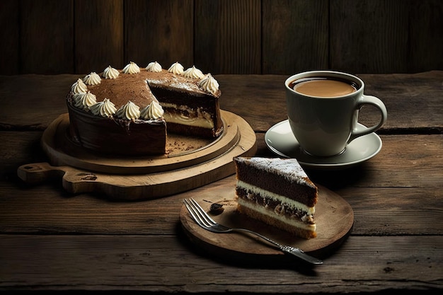 Uma mesa de madeira com uma xícara de café expresso duplo e uma fatia de bolo