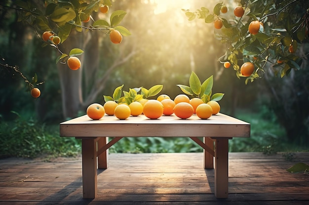 uma mesa de madeira com várias laranjas empilhadas em cima