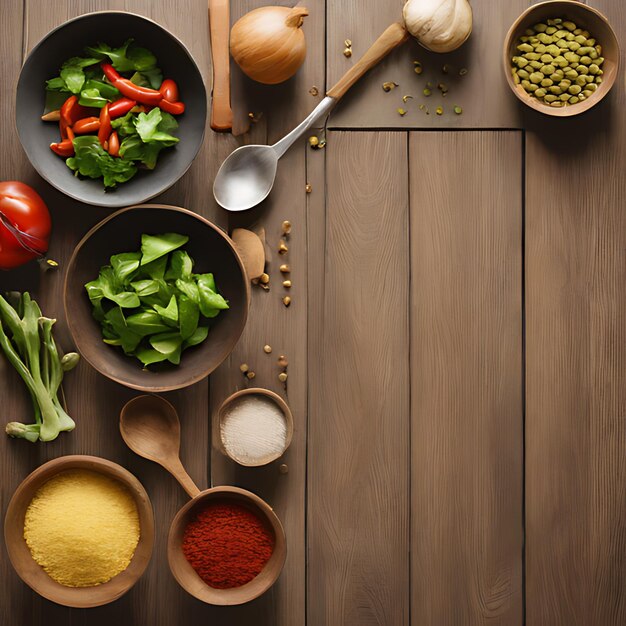 Foto uma mesa de madeira com vários ingredientes, incluindo legumes e especiarias