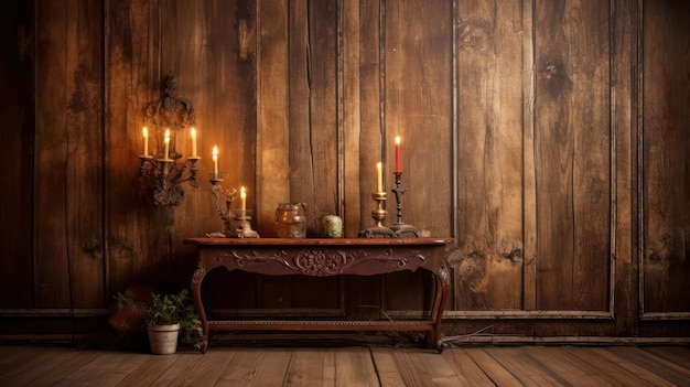 Uma mesa de madeira com velas em frente a uma parede de madeira