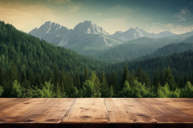 uma mesa de madeira com vista para a montanha ao fundo.