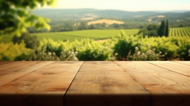 Uma mesa de madeira com vista para um vinhedo ao fundo