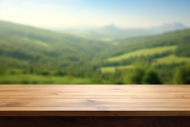 uma mesa de madeira com vista para uma paisagem montanhosa