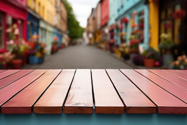 Uma mesa de madeira contra o pano de fundo de uma superfície em branco colorida de feira de rua