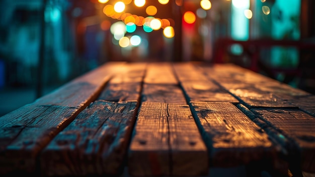 Uma mesa de madeira contra um fundo bokeh desfocado capturando o brilho das luzes de néon à noite