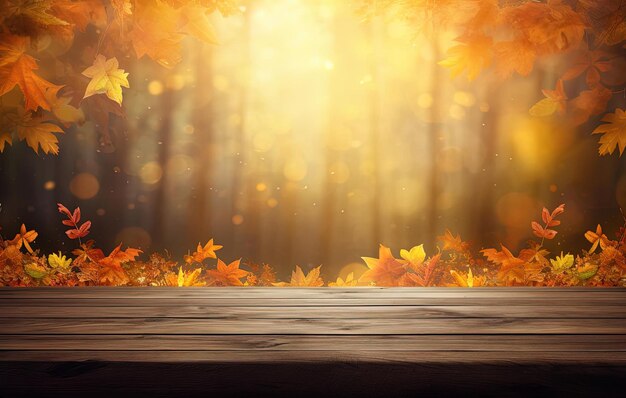 uma mesa de madeira de outono com folhas no estilo de paisagens cheias de luz