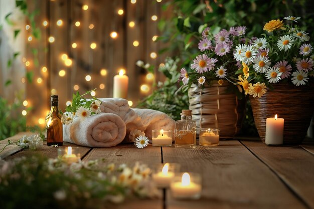 Uma mesa de madeira é adornada com velas e toalhas, criando uma atmosfera tranquila para a massagem terapêutica