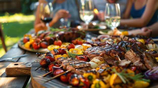 Uma mesa de madeira é coberta com vários pratos de comida, incluindo pratos como massas de salada e grelhados