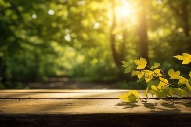 Uma mesa de madeira em frente a uma floresta com fundo de luz solar