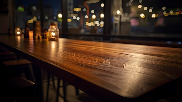 Uma mesa de madeira em um bar com uma janela iluminada atrás dela