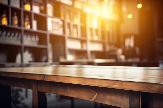 Uma mesa de madeira em um bar com uma placa que diz 'café'