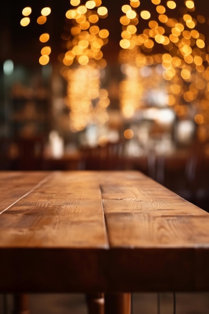 Uma mesa de madeira em um restaurante com fundo desfocado