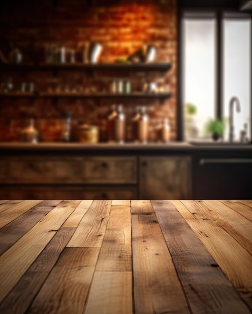 Foto uma mesa de madeira em uma cozinha com uma parede de tijolos atrás dela.