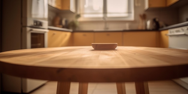 Uma mesa de madeira em uma cozinha com uma tigela sobre ela
