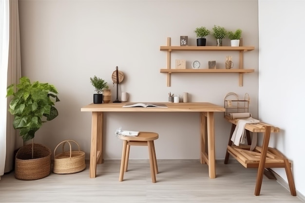 Uma mesa de madeira em uma sala com uma planta na parede