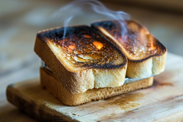 Foto uma mesa de madeira leve enquadra duas fatias carbonizadas de torrada criando um contraste vívido com seus exteriores escuros e crocantes