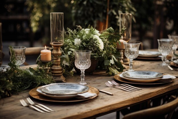 Uma mesa de madeira lindamente organizada com pratos e velas criando uma atmosfera calorosa e convidativa para um jantar delicioso. Mesa de casamento com tema rústico gerada por IA