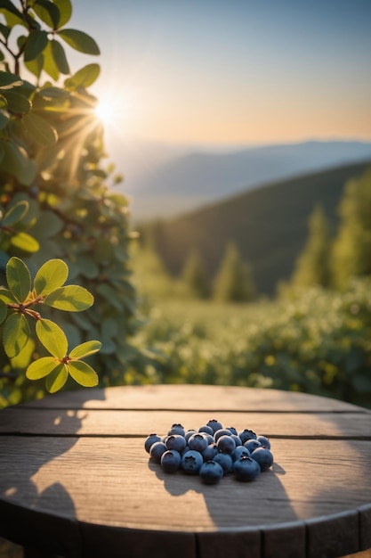 Foto uma mesa de madeira na frente de um jardim de mirtilos em uma encosta com luz natural suave