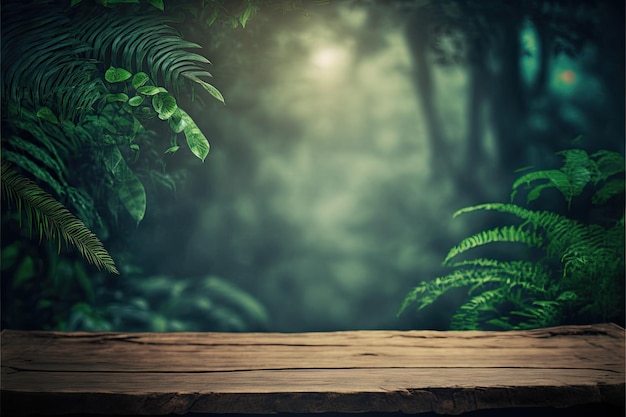 Uma mesa de madeira na selva com fundo verde