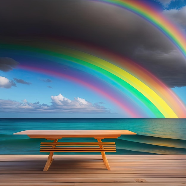 Uma mesa de madeira natural vazia em primeiro plano e um arco-íris sobre o mar ao fundo