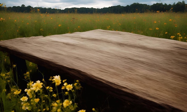 Uma mesa de madeira no campo Arte cinematográfica da ilustração da luz do dia