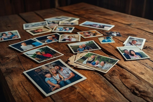 Uma mesa de madeira rústica com fotos de família espalhadas
