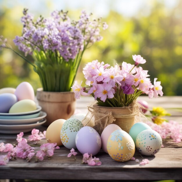 Uma mesa de madeira rústica decorada com ovos de Páscoa pastel e flores frescas