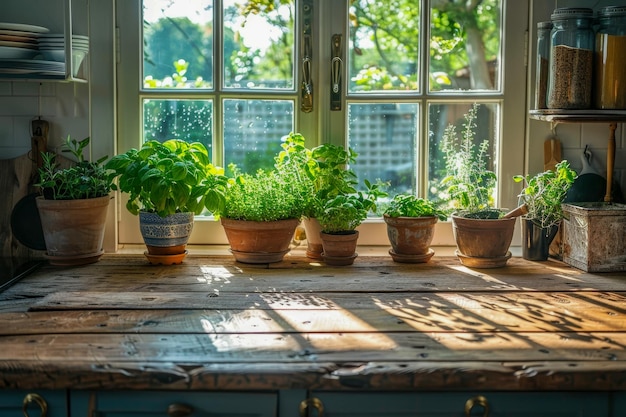 Uma mesa de madeira rústica em um ambiente aconchegante da cozinha apresenta uma série de ervas em vasos que se transformam na luz solar que atravessa uma janela, convidando uma sensação de crescimento e frescura