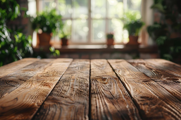 Uma mesa de madeira sentada na frente de uma janela